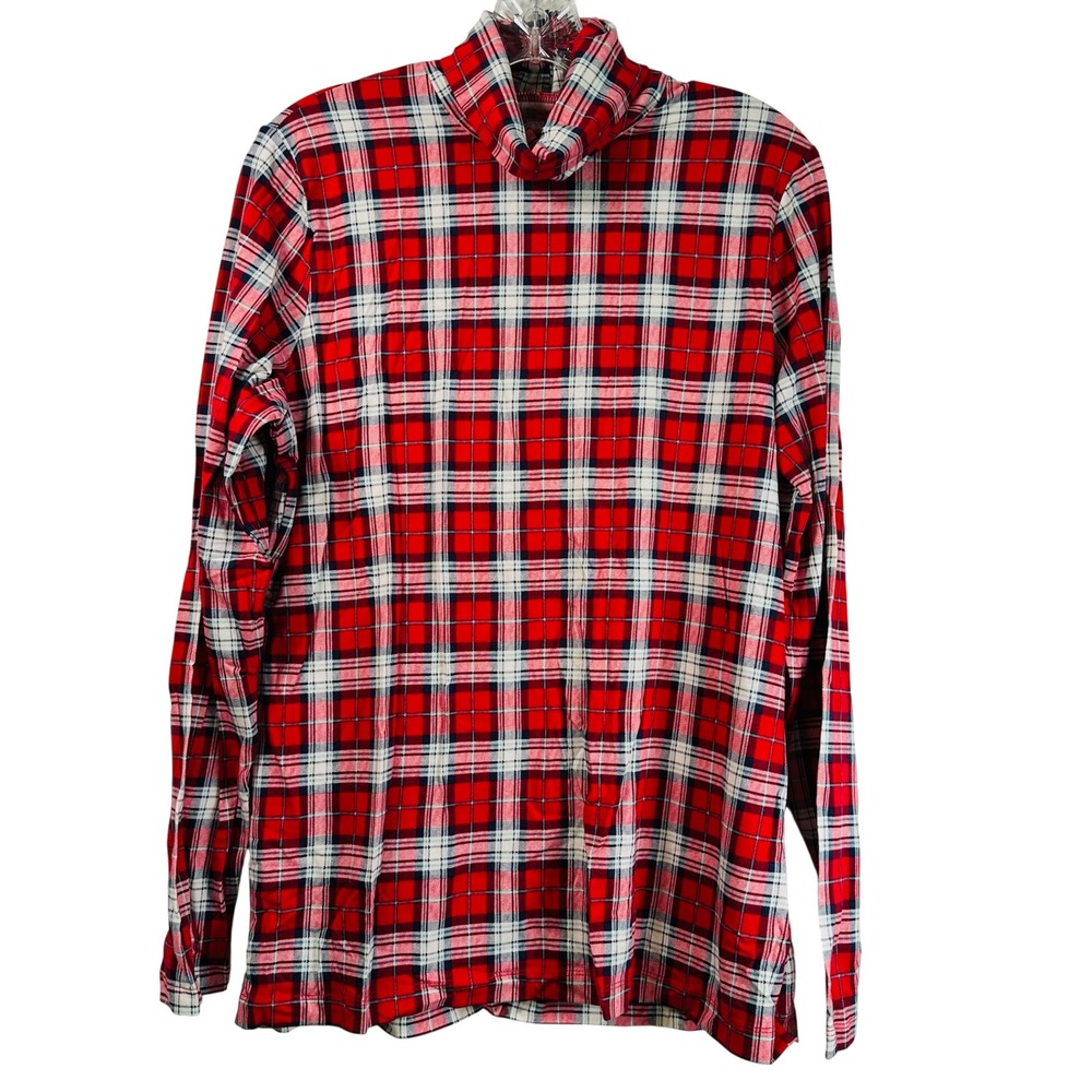 Lands End Womens XL Turtleneck Cherry Jam Red Plaid Long Sleeve Top Christmas